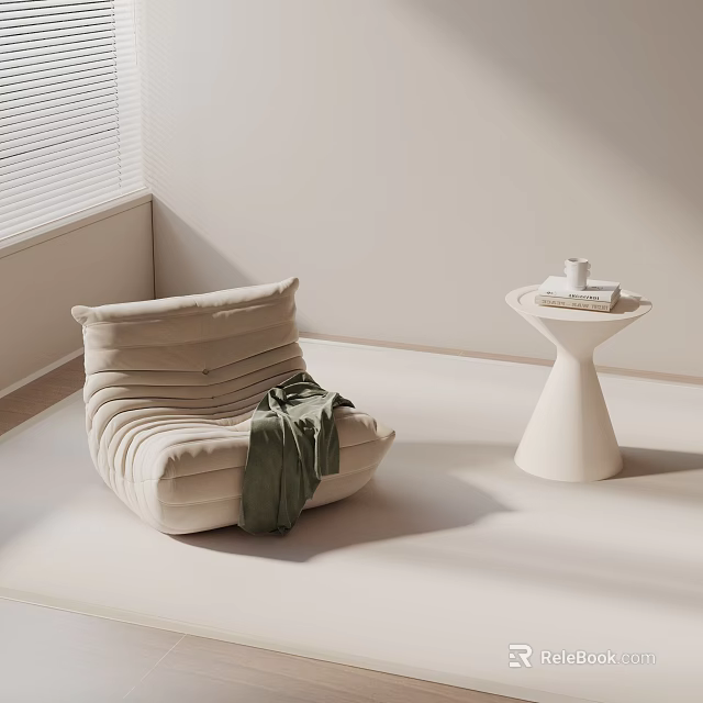 Beige Pleated Accent Chair With Green Throw Blanket And White Round Side Table 3d model 