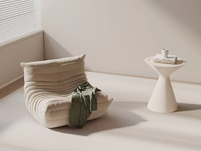Beige Pleated Accent Chair With Green Throw Blanket And White Round Side Table 3d model