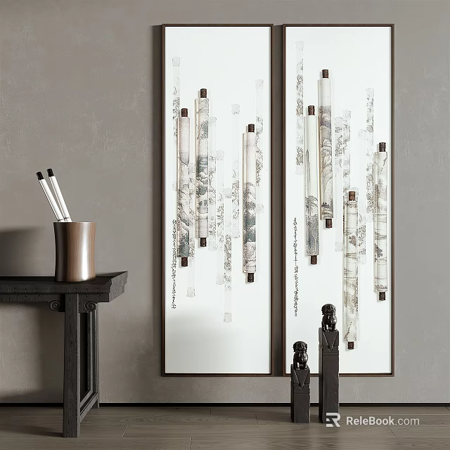 Two Panel Wall Art With Scroll Decor And Brushes In Brass Holder By Black Table 3d model 