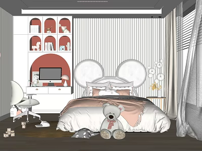 Kids Room Interior With Cozy Bed Study Desk Stuffed Bear And Decorative Shelves 3d model