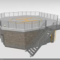 Public Facility Circular Platform With Metal Railings Stone Walls Staircase And Yellow Symbol