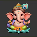 Colorful Ganesha Statue With Elephant Head Headdress Sitting On Lotus Base And Smiling Expression