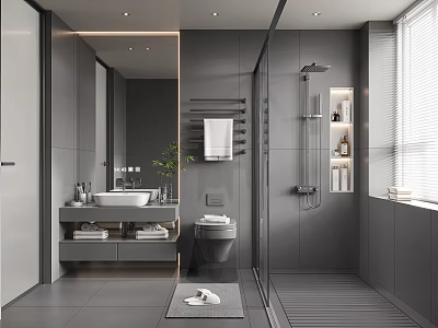 Modern Gray Bathroom Interior Design With Mirror Sink Toilet Shower And Tile Floor 3d model