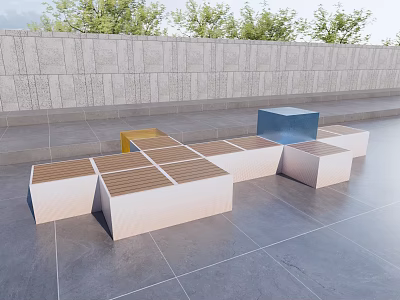 Modern Geometric Outdoor Landscape Seats Featuring Colorful Wooden Panels Concrete Wall And Trees 3d model