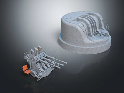 Industrial Equipment Components Featuring Circular Structure And Metal Framework With Orange Chair 3d model