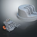 Industrial Equipment Components Featuring Circular Structure And Metal Framework With Orange Chair