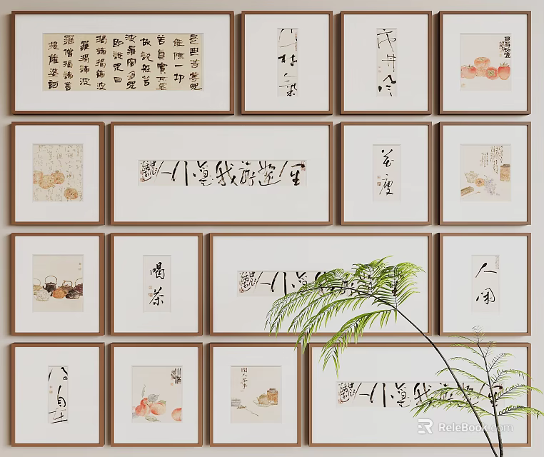 Multiple Hanging Framed Chinese Calligraphy Artworks and Green Plant Wall Decor 3d model 
