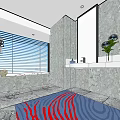 Hotel Guest Room Interior With Red Sofa Red Bedding Blue Striped Wall And Ocean View