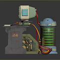 Vintage Computer Device With Gray Stand Blue Cylindrical Unit Green Coils And Colorful Wires