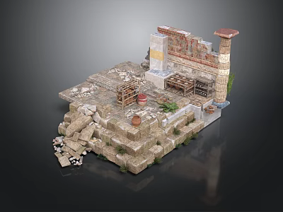 Ancient Architectural Ruin Scene with Stone Walls Stairs and Clay Pots 3d model