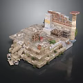 Ancient Architectural Ruin Scene with Stone Walls Stairs and Clay Pots