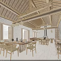 Rustic Restaurant Interior With Wooden Roof Beams Large Windows Rough White Walls And Natural Light