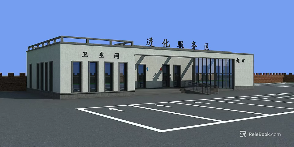 Evolution Service Area Building Exterior With Restrooms And Parking Lot 3d model 