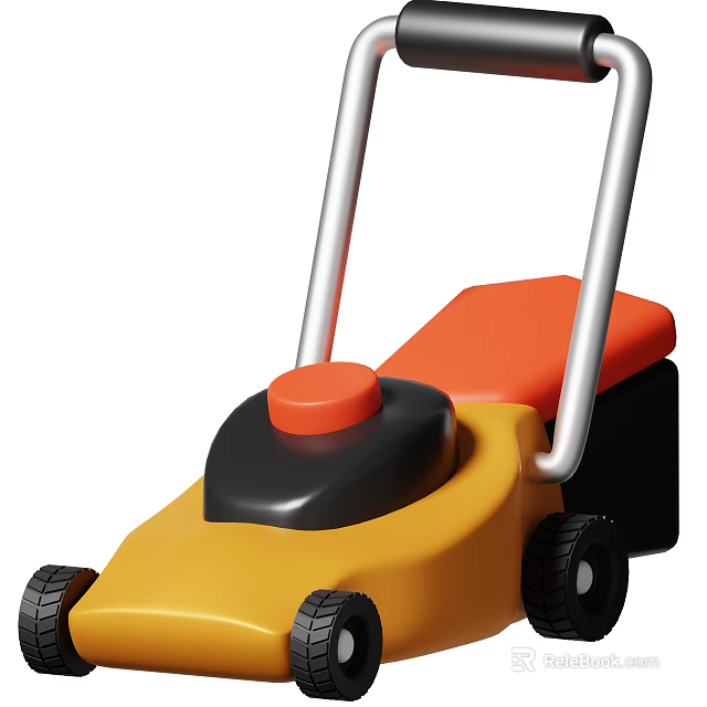 Yellow And Black Lawn Mower With Orange Button Silver Handle And Black Wheels 3d model 