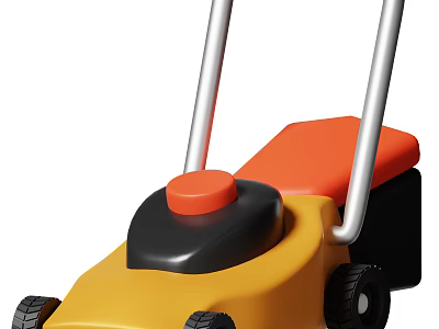 Yellow And Black Lawn Mower With Orange Button Silver Handle And Black Wheels 3d model