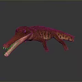3D Rendered Crocodile Model with Red Orange Skin Open Mouth Sharp Teeth Dark Background Reflection