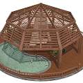 Wooden Gazebo Relaxation Space With Swing Bed Potted Plants And Lily Pool
