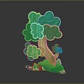 Cartoon Tree With Green Cloud Like Leaves Yellow Trunk And Small Flowers At The Bottom