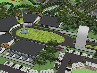 Modern Building Complex With Circular Lawn Fountain Parking Lot And Trees 3d model