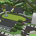 Modern Building Complex With Circular Lawn Fountain Parking Lot And Trees