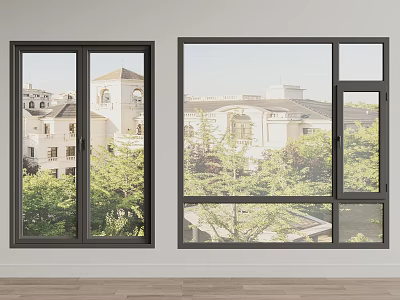 Casement Windows with Black Frames in Interior Showing Scenic View of Buildings and Green Trees 3d model