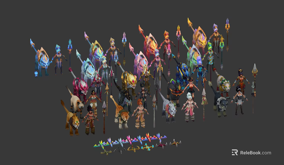 Game And Movie Characters Collection With Diverse Designs Weapons And Animal Companions 3d model 