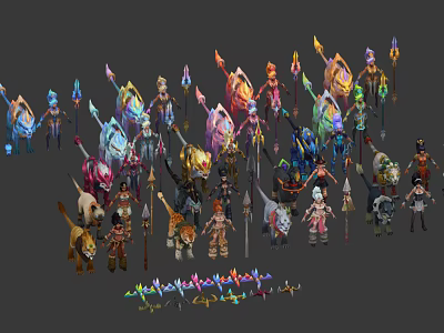 Game And Movie Characters Collection With Diverse Designs Weapons And Animal Companions 3d model