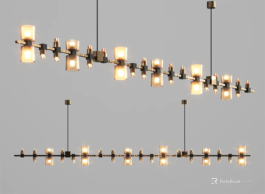 Modern Linear Chandelier Design With Multiple Light Bulbs And Metal Frame 3d model