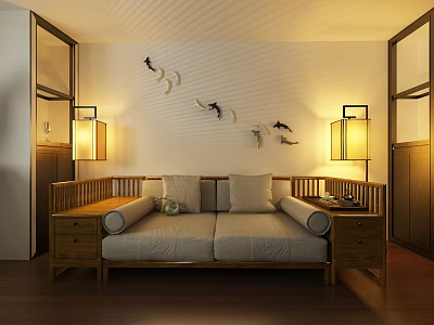 Two Seater Sofa With Wooden Frame Light Gray Cushions Floor Lamps And Bird Wall Decorations 3d model