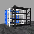 Blue White And Black Metal Display Shelves With Multiple Tiers For Storage