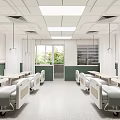 Spacious Hospital Ward Interior With Multiple Beds Curtains Central Door And Ceiling Lights
