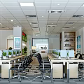 Bright Open Public Office Space With Workstations Yellow Chairs Green Plants And Computers 3d model
