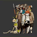 Group Of Anthropomorphic Animal Characters And Skeleton Creature In Colorful Costumes With Hats And Scarves