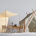 Two Canvas Tents With Open Doorways Wooden Tables Chairs And String Lights
