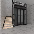 Modern Glass Elevator With Black Frame In Marble Wall Interior And Staircase 3d model
