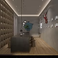 Elegant Indoor Corridor With Stone Path Bamboo Windows Grid Wall Storage And Hanging Lamp 3d model