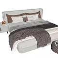 Modern Double Bed with Beige Brown Pillows Plaid Blanket White Nightstand Green Plant Checkered Ottoman