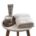 Soft Towels and Daily Washing Essentials for Bathroom with Wooden Side Table Plush Rug