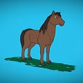 Cartoon Brown Horse Standing On Green Grass With Blue Sky Background