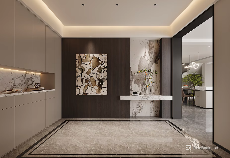Modern Foyer Hallway With Marble Flooring Artwork And Storage 3d model 