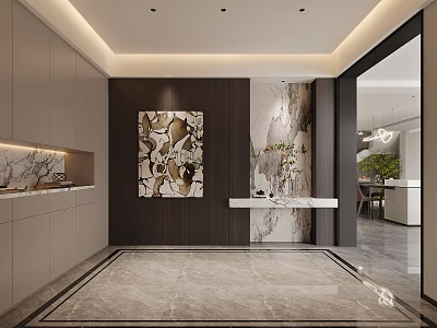 Modern Foyer Hallway With Marble Flooring Artwork And Storage 3d model