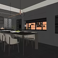 Modern Restaurant Kitchen Interior with Black Cabinets Island Counter White Chairs and Pendant Lights
