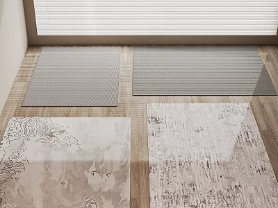 Square Rugs With Diverse Patterns Placed On Wooden Floor In Neutral Tones 3d model