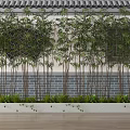 Bamboo Plants in Traditional Courtyard with Tile Roof Brick Wall and Wooden Floor