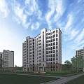 Modern Residential Building Exterior Design With Landscaped Lawns Trees And Benches