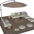 Outdoor Sofa on Wooden Deck with Umbrella Coffee Table Cushions and Stools