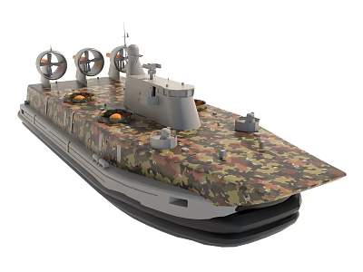 Camouflage Hovercraft Warship With Radar Antenna Deck Equipment And Air Cushion Base 3d model