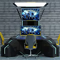 Futuristic Entertainment Table With Multiple Screens Yellow Chairs And Modern Design Features