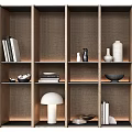 Modern Minimalist Decorative Cabinet with Wooden Shelves Books Vases and Table Lamp