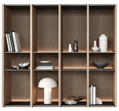 Modern Minimalist Decorative Cabinet with Wooden Shelves Books Vases and Table Lamp 3d model